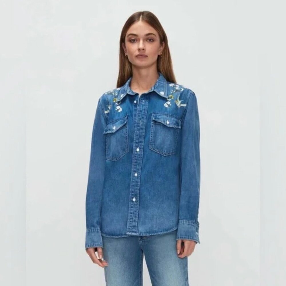 7 For All Mankind Floral Bird Embroidered Classic Button-Front Denim Shirt